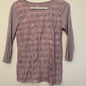 LOFT lavender purple lace 3/4 sleeve crew neck blouse top cotton casual  S